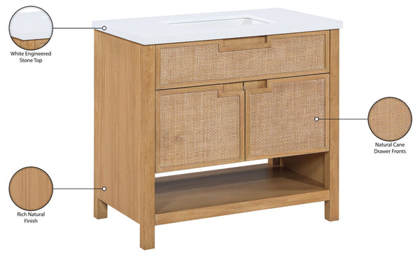 Meridian Furniture Soren Solid Wood Bathroom Vanity with Cane Drawer Fronts and Stone Top for Modern Bathrooms Natural 36 inches 690Natural-36