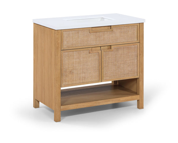 Meridian Furniture Soren Solid Wood Bathroom Vanity with Cane Drawer Fronts and Stone Top for Modern Bathrooms Natural 36 inches 690Natural-36