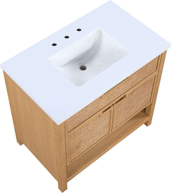 Meridian Furniture Soren Solid Wood Bathroom Vanity with Cane Drawer Fronts and Stone Top for Modern Bathrooms Natural 36 inches 690Natural-36