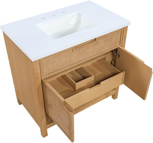 Meridian Furniture Soren Solid Wood Bathroom Vanity with Cane Drawer Fronts and Stone Top for Modern Bathrooms Natural 36 inches 690Natural-36
