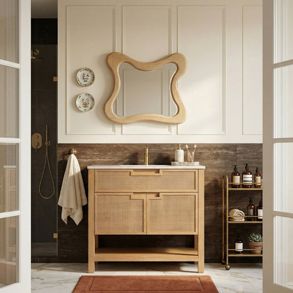 Meridian Furniture Soren Solid Wood Bathroom Vanity with Cane Drawer Fronts and Stone Top for Modern Bathrooms Natural 36 inches 690Natural-36