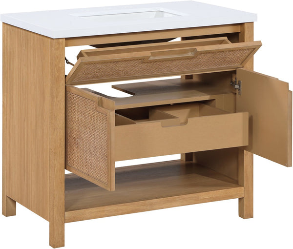 Meridian Furniture Soren Solid Wood Bathroom Vanity with Cane Drawer Fronts and Stone Top for Modern Bathrooms Natural 36 inches 690Natural-36