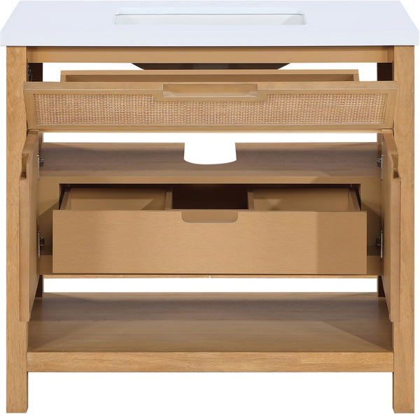 Meridian Furniture Soren Solid Wood Bathroom Vanity with Cane Drawer Fronts and Stone Top for Modern Bathrooms Natural 36 inches 690Natural-36