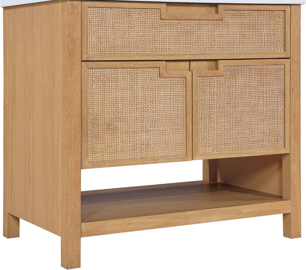 Meridian Furniture Soren Solid Wood Bathroom Vanity with Cane Drawer Fronts and Stone Top for Modern Bathrooms Natural 36 inches 690Natural-36