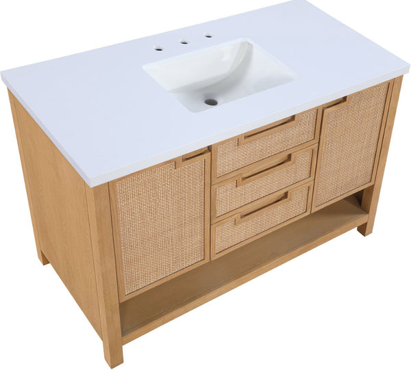 Meridian Furniture Soren Solid Wood Bathroom Vanity with Cane Drawer Fronts and Stone Top for Modern Bathrooms Natural 48 inches 690Natural-48