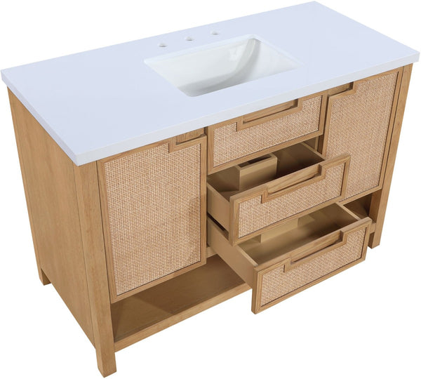 Meridian Furniture Soren Solid Wood Bathroom Vanity with Cane Drawer Fronts and Stone Top for Modern Bathrooms Natural 48 inches 690Natural-48