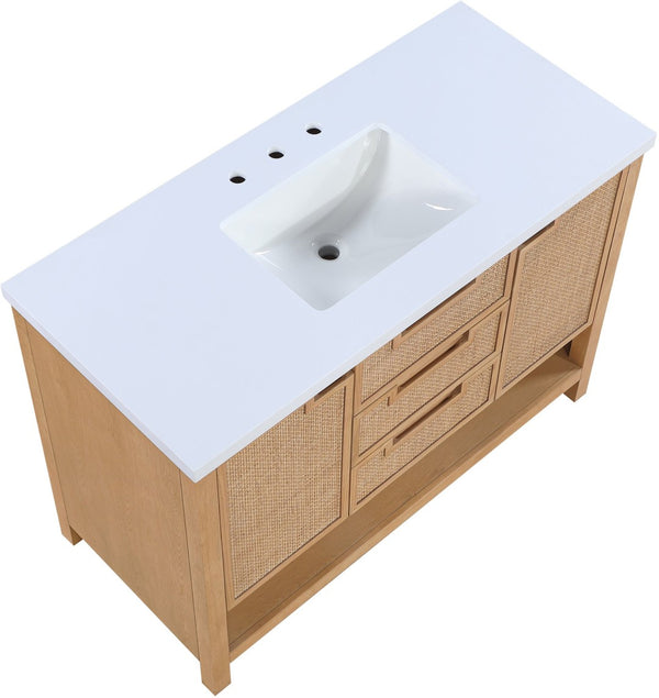 Meridian Furniture Soren Solid Wood Bathroom Vanity with Cane Drawer Fronts and Stone Top for Modern Bathrooms Natural 48 inches 690Natural-48