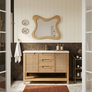 Meridian Furniture Soren Solid Wood Bathroom Vanity with Cane Drawer Fronts and Stone Top for Modern Bathrooms Natural 48 inches 690Natural-48