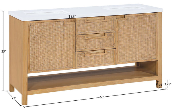 Meridian Furniture Soren Solid Wood Bathroom Vanity with Cane Drawer Fronts and Stone Top for Modern Bathrooms Natural 60 inches 690Natural-60