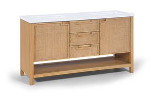 Meridian Furniture Soren Solid Wood Bathroom Vanity with Cane Drawer Fronts and Stone Top for Modern Bathrooms Natural 60 inches 690Natural-60