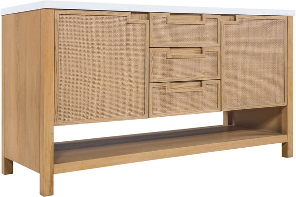 Meridian Furniture Soren Solid Wood Bathroom Vanity with Cane Drawer Fronts and Stone Top for Modern Bathrooms Natural 60 inches 690Natural-60