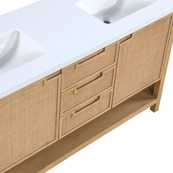 Meridian Furniture Soren Solid Wood Bathroom Vanity with Cane Drawer Fronts and Stone Top for Modern Bathrooms Natural 60 inches 690Natural-60