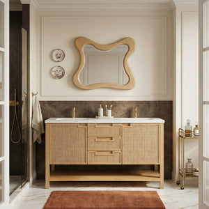 Meridian Furniture Soren Solid Wood Bathroom Vanity with Cane Drawer Fronts and Stone Top for Modern Bathrooms Natural 60 inches 690Natural-60