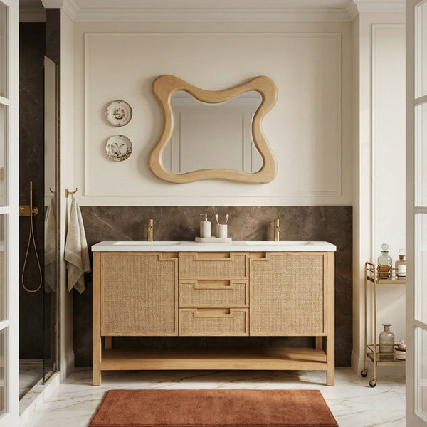 Meridian Furniture Soren Solid Wood Bathroom Vanity with Cane Drawer Fronts and Stone Top for Modern Bathrooms Natural 60 inches 690Natural-60