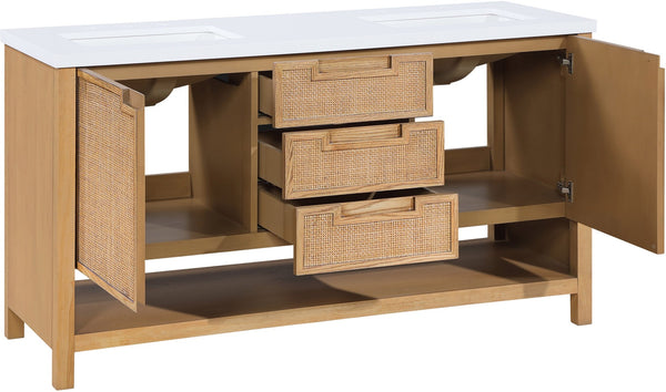 Meridian Furniture Soren Solid Wood Bathroom Vanity with Cane Drawer Fronts and Stone Top for Modern Bathrooms Natural 60 inches 690Natural-60