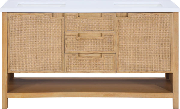 Meridian Furniture Soren Solid Wood Bathroom Vanity with Cane Drawer Fronts and Stone Top for Modern Bathrooms Natural 60 inches 690Natural-60