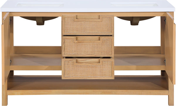 Meridian Furniture Soren Solid Wood Bathroom Vanity with Cane Drawer Fronts and Stone Top for Modern Bathrooms Natural 60 inches 690Natural-60