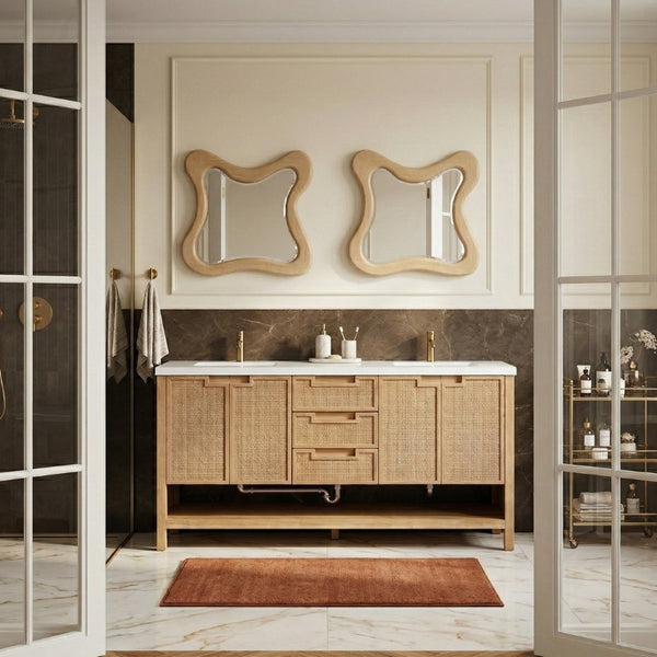 Meridian Furniture Soren Solid Wood Bathroom Vanity with Cane Drawer Fronts and Stone Top for Modern Bathrooms Natural 72 inches 690Natural-72