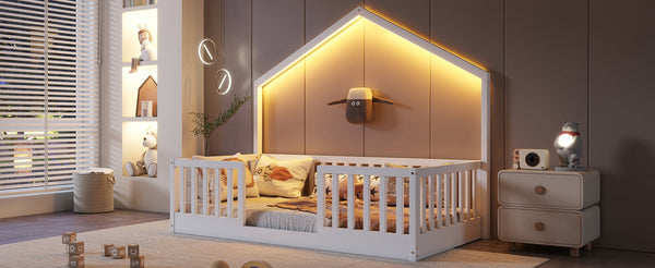 English Elm Twin Montessori Floor Bed House Frame with Led Lighting and Safety Rails for Kids White W2593P440594