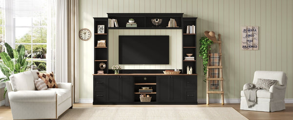 English Elm Unique Low Profile Media Console with Led Lighting Glass Shelves Fits Tvs to 105 Black N721S000077B