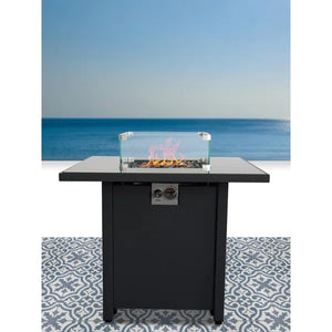 English Elm 30" Powder-Coated Metal Fire Pit Table with Smoked Glass Shield, 40,000 BTU, Lava Rocks Included Black B120S00051