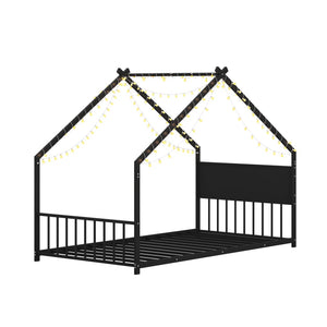 English Elm Twin House Bed Frame with Led Lights Iron Slats Low Profile Kids Bedroom W1820P234194