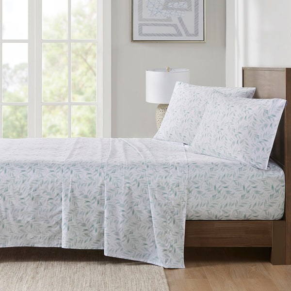 JLA Home Madison Park Essentials - Sheet 100% Cotton Percale Printed Set — Breathable, OEKO‑TEX Certified, Ultra‑Soft, Deep‑Pocket Fit Green Leaves MPE20-1008