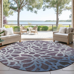 HomeRoots 8' Round Botanical Leaves Rug in Plum & Blue - Stylish, Washable, Durable for Indoor & Outdoor Use 691000
