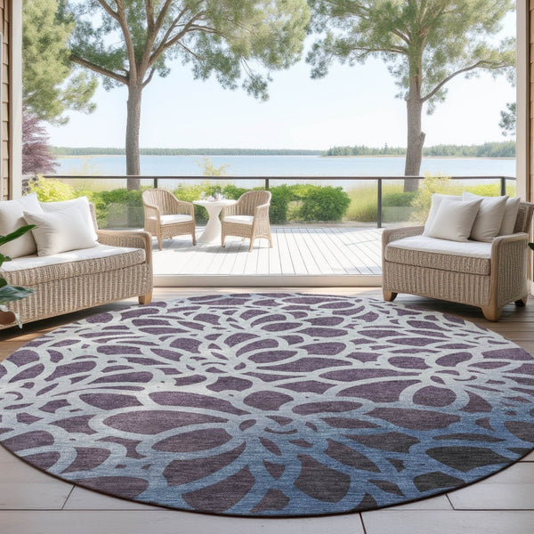 HomeRoots 8' Round Botanical Leaves Rug in Plum & Blue - Stylish, Washable, Durable for Indoor & Outdoor Use 691000
