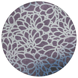 HomeRoots 8' Round Botanical Leaves Rug in Plum & Blue - Stylish, Washable, Durable for Indoor & Outdoor Use 691000