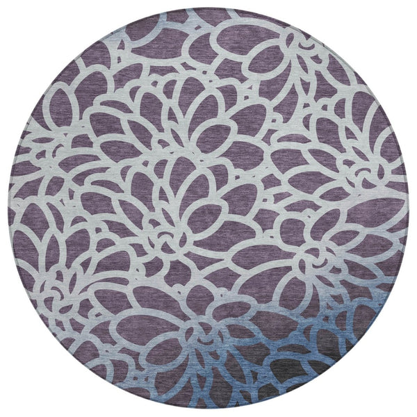 HomeRoots 8' Round Botanical Leaves Rug in Plum & Blue - Stylish, Washable, Durable for Indoor & Outdoor Use 691000