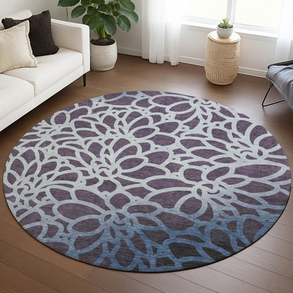 HomeRoots 8' Round Botanical Leaves Rug in Plum & Blue - Stylish, Washable, Durable for Indoor & Outdoor Use 691000