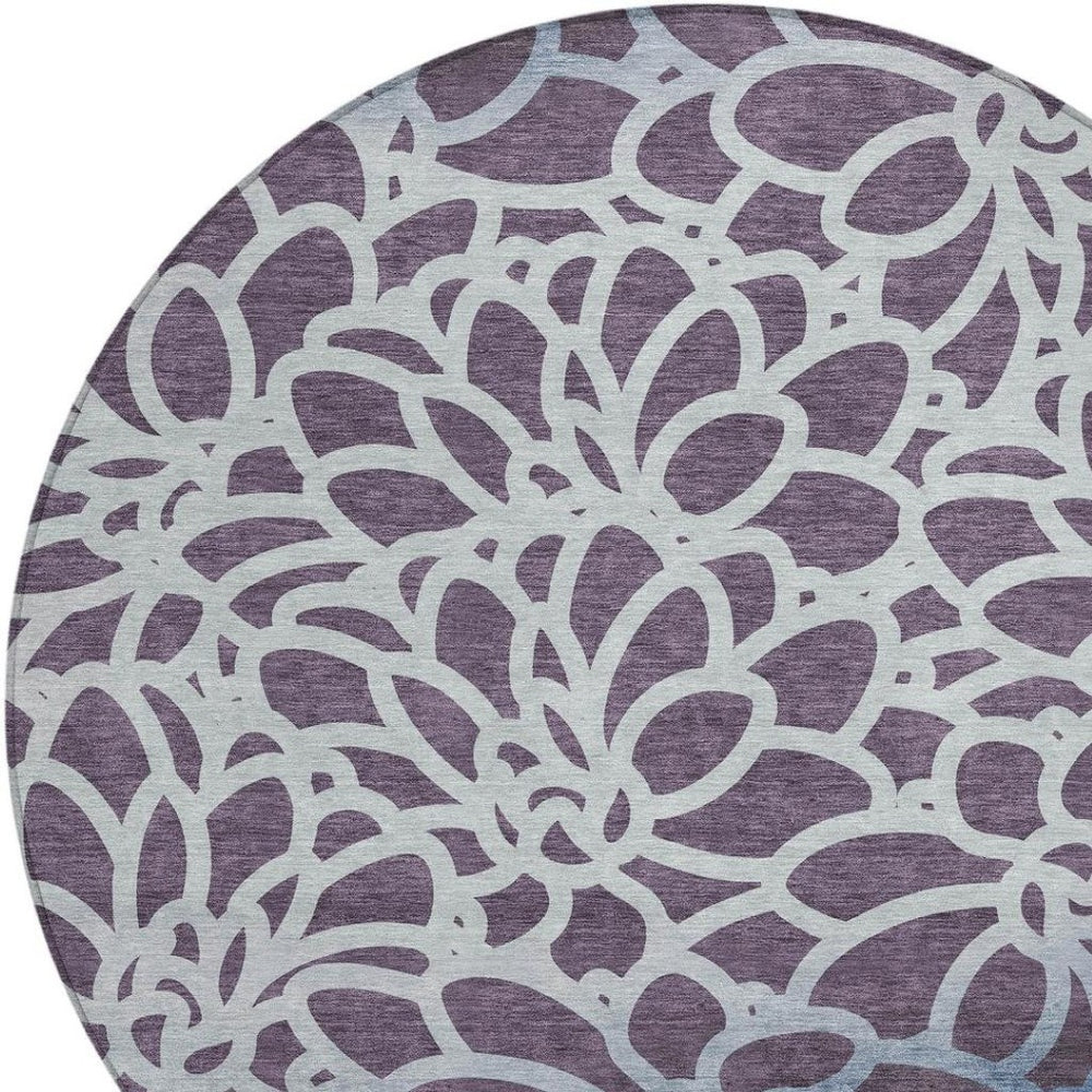HomeRoots 8' Round Botanical Leaves Rug in Plum & Blue - Stylish, Washable, Durable for Indoor & Outdoor Use 691000