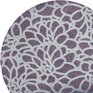 HomeRoots 8' Round Botanical Leaves Rug in Plum & Blue - Stylish, Washable, Durable for Indoor & Outdoor Use 691000
