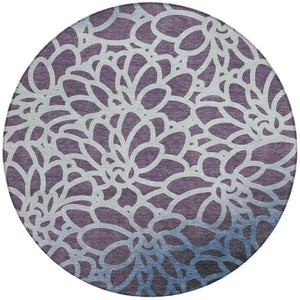 HomeRoots 8' Round Botanical Leaves Rug in Plum & Blue - Stylish, Washable, Durable for Indoor & Outdoor Use 691000
