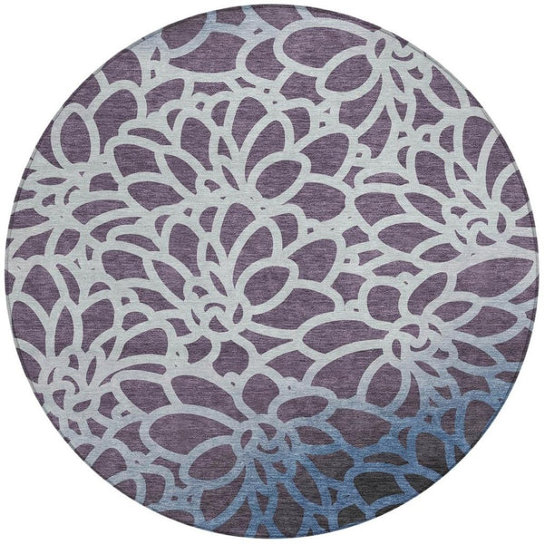 HomeRoots 8' Round Botanical Leaves Rug in Plum & Blue - Stylish, Washable, Durable for Indoor & Outdoor Use 691000