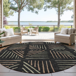 HomeRoots 8' Black and Copper Round Geometric Rug - Stylish, Washable, Durable for Indoor and Outdoor Spaces 691006