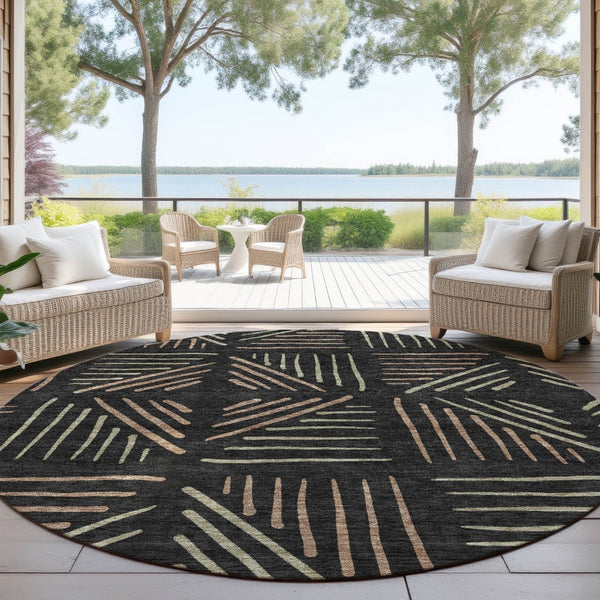 HomeRoots 8' Black and Copper Round Geometric Rug - Stylish, Washable, Durable for Indoor and Outdoor Spaces 691006