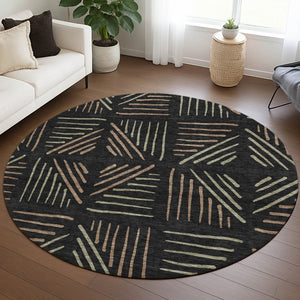 HomeRoots 8' Black and Copper Round Geometric Rug - Stylish, Washable, Durable for Indoor and Outdoor Spaces 691006