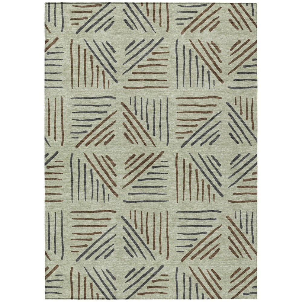 HomeRoots 5' Contemporary Lime Green, Brown & Gray Geometric Washable Area Rug for Indoor/Outdoor Use 691011