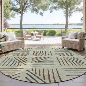 HomeRoots 8' Vibrant Lime Green Brown & Gray Round Geometric Rug - Stylish, Durable, Washable for Indoors & Outdoors 691012