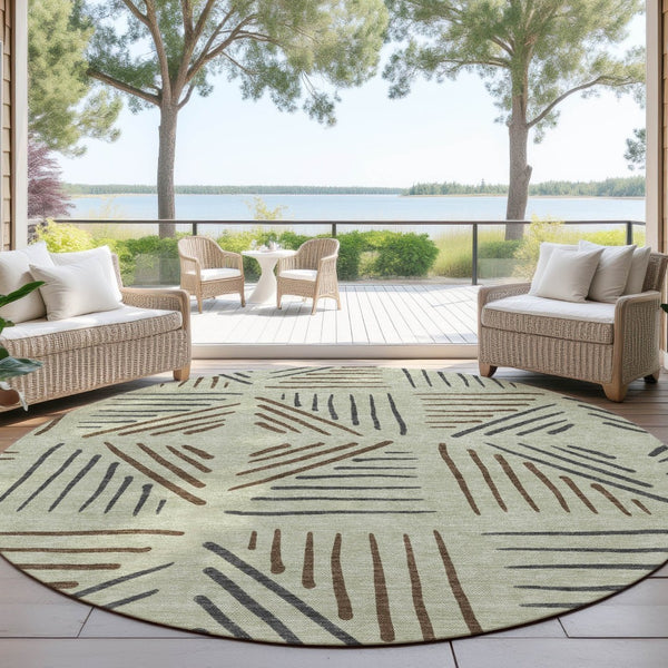 HomeRoots 8' Vibrant Lime Green Brown & Gray Round Geometric Rug - Stylish, Durable, Washable for Indoors & Outdoors 691012