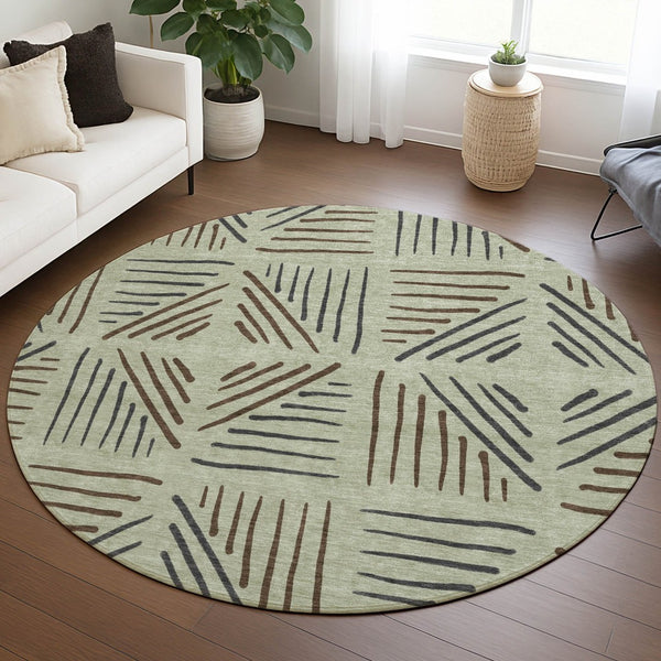 HomeRoots 8' Vibrant Lime Green Brown & Gray Round Geometric Rug - Stylish, Durable, Washable for Indoors & Outdoors 691012