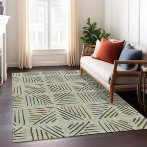 HomeRoots 8' Modern Lime Green and Brown Geometric Indoor Outdoor Area Rug - Washable, Durable, Stylish Design 691013