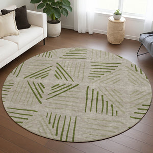 HomeRoots 8' Flax and Sage Round Area Rug - Stylish Geometric Design, Washable for Indoor & Outdoor Spaces 691018