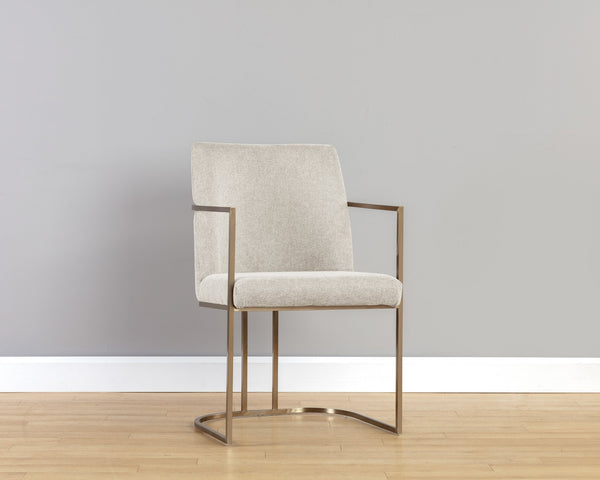 Sunpan Rayla Dining Armchair - Elegant Cantilever Design with Antique Brass Frame for Stylish Interiors Belfast Oatmeal