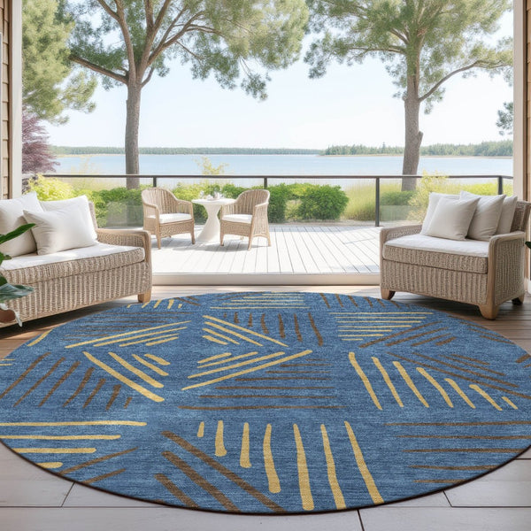 HomeRoots 8' Navy Blue and Gold Geometric Area Rug – Stylish, Washable, Indoor/Outdoor for High-Traffic Spaces 691030