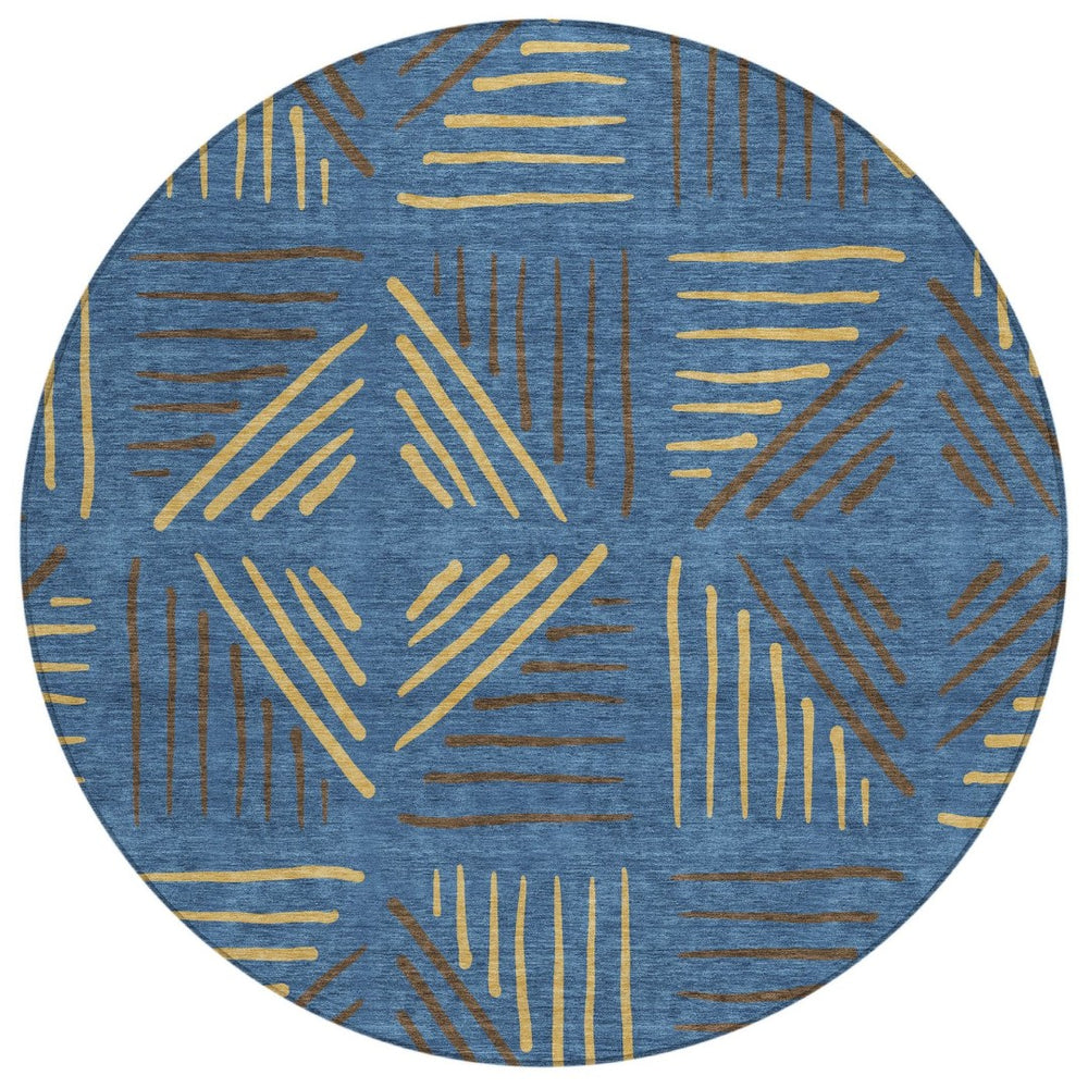 HomeRoots 8' Navy Blue and Gold Geometric Area Rug – Stylish, Washable, Indoor/Outdoor for High-Traffic Spaces 691030