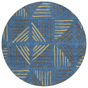 HomeRoots 8' Navy Blue and Gold Geometric Area Rug – Stylish, Washable, Indoor/Outdoor for High-Traffic Spaces 691030