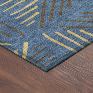 HomeRoots 8' Navy Blue and Gold Geometric Area Rug – Stylish, Washable, Indoor/Outdoor for High-Traffic Spaces 691030